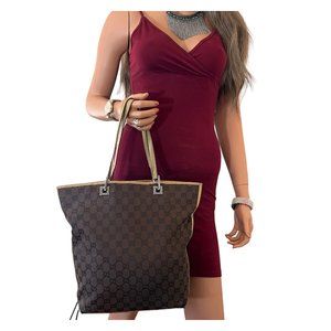 Authentic Gucci Tote Bag Brown Canvas Used GG Handbag Vintage